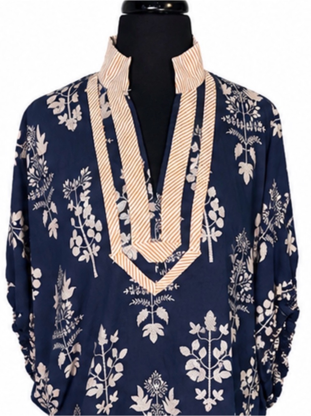 Entro Navy Blue Floral Print V-Neck Blouse with Cream Trim